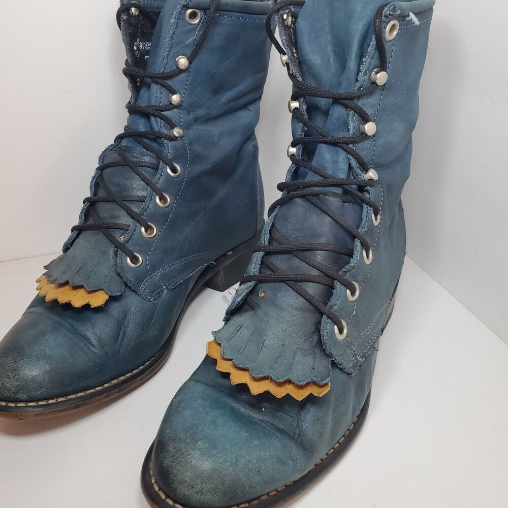 LAREDO Roper Womens 7M Teal Blue Leather Kiltie Western Riding Boots Lace Up USA